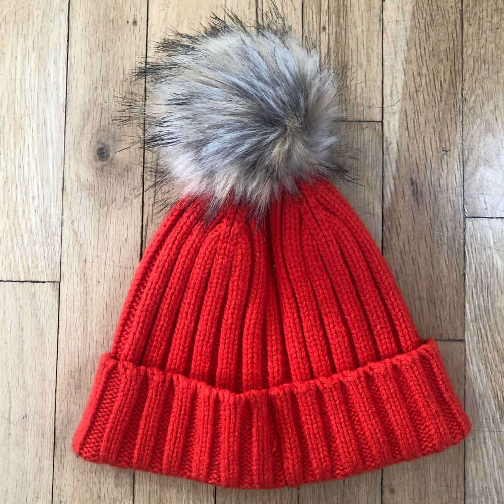 J. Crew Red Pom Pom Ribbed Beanie with Faux Fur